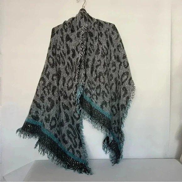 INC International Concepts Leopard Print Sequin Wrap Scarf Gray Black Blue - Picture 1 of 10